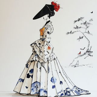 Craneflower Ukiyoarmor style, Midjourney V6.1: haute-couture fashion outfit
