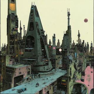 Fossilfolk Chromatism style, Midjourney V6.1: megacity with futuristic bioarchitecture