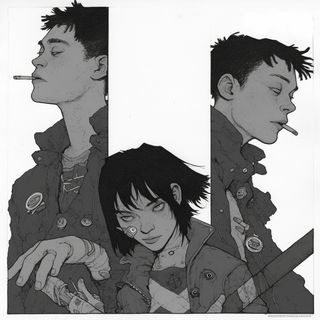 Fossilfolk Chromatism style, Midjourney V6.1: black-and-white manga comic strip