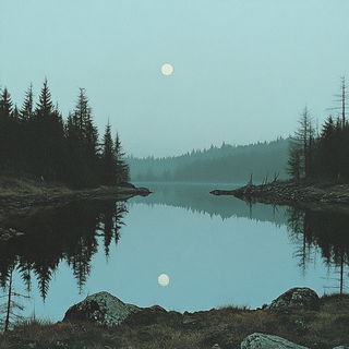 Fossilfolk Chromatism style, Midjourney V6.1: realistic landscape photograph of quiet dawn