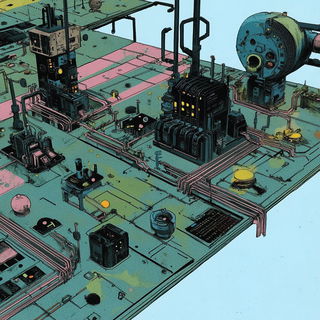 Fossilfolk Chromatism style, Midjourney V6.1: technical infrastructure blueprint schematics