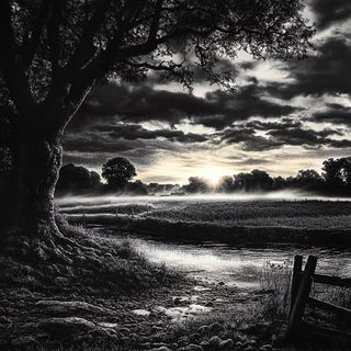 Prussian Goldsalt style, Midjourney V6.1: realistic landscape photograph of quiet dawn