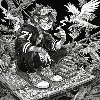Smogchromatic style, Midjourney V6.1: black-and-white manga comic strip
