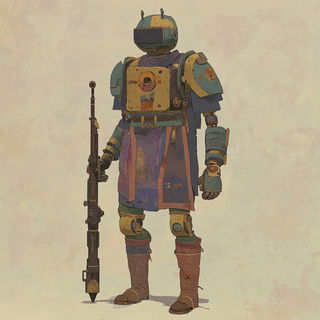 Washwind Shanshui style, Midjourney V6.1: concept art character design of retropunk steam knight