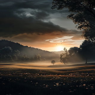 Rainbaritone style, Midjourney V6.1: realistic landscape photograph of quiet dawn