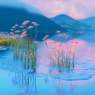 Aeropastoral style, Midjourney V6.1: realistic landscape photograph of quiet dawn