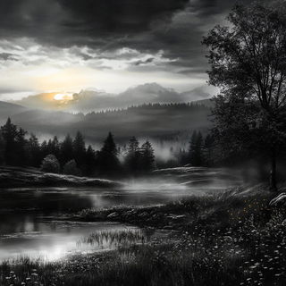 Domelacquer style, Midjourney V6.1: realistic landscape photograph of quiet dawn