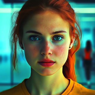 Sculptural Chromagrotto style, Midjourney V6.1: photographic portrait of female protagonist
