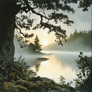Cyanthorn style, Midjourney V6.1: realistic landscape photograph of quiet dawn