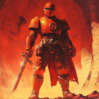 Red Ice Mosaic style, Midjourney V6.1: concept art character design of retropunk steam knight