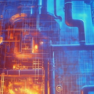 Red Ice Mosaic style, Midjourney V6.1: technical infrastructure blueprint schematics