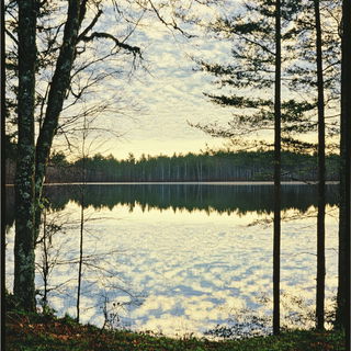 Cyanotype Rococo style, Midjourney V6.1: realistic landscape photograph of quiet dawn