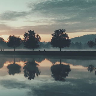 Gilt Ferris Brushworks style, Midjourney V6.1: realistic landscape photograph of quiet dawn