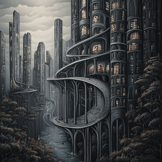 Rizocontour style, Midjourney V6.1: megacity with futuristic bioarchitecture