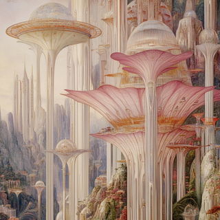 Morrowleaf style, Midjourney V6.1: megacity with futuristic bioarchitecture