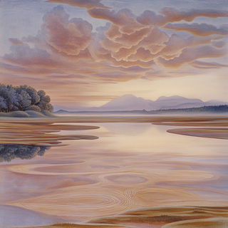 Morrowleaf style, Midjourney V6.1: realistic landscape photograph of quiet dawn