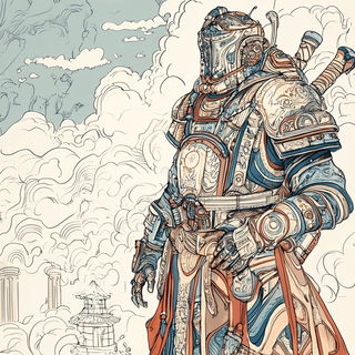 Cloudshift Scenography style, Midjourney V6.1: concept art character design of retropunk steam knight