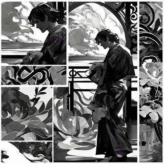 Pyrite Monster Bazaar style, Midjourney V6.1: black-and-white manga comic strip