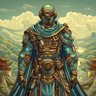 Mount Fuji Afterimage style, Midjourney V6.1: concept art character design of retropunk steam knight