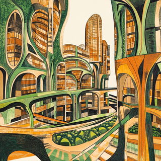 Skyroot Technicolor style, Midjourney V6.1: megacity with futuristic bioarchitecture