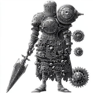 Cinderink style, Midjourney V6.1: concept art character design of retropunk steam knight