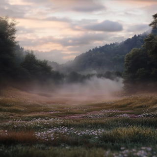 Rimecliff Manga style, Midjourney V6.1: realistic landscape photograph of quiet dawn