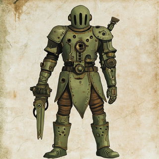 Greenhouse of Impossible Angles style, Midjourney V6.1: concept art character design of retropunk steam knight