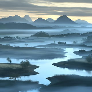Megalepidoptera style, Midjourney V6.1: realistic landscape photograph of quiet dawn