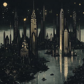 Silhougraph style, Midjourney V6.1: megacity with futuristic bioarchitecture