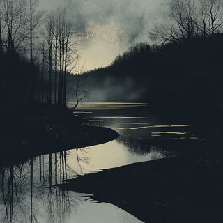 Silhougraph style, Midjourney V6.1: realistic landscape photograph of quiet dawn