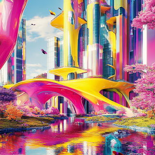 Woodblock Wilds style, Midjourney V6.1: megacity with futuristic bioarchitecture