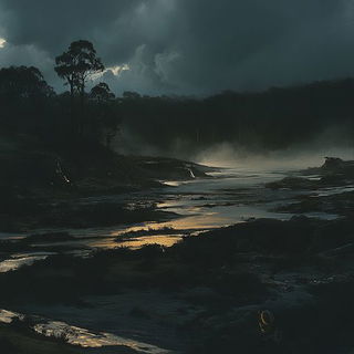 Indanthrene Blue Hour style, Midjourney V6.1: realistic landscape photograph of quiet dawn