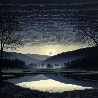 Ink Jukebox style, Midjourney V6.1: realistic landscape photograph of quiet dawn