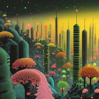 Neon Umbrawave style, Midjourney V6.1: megacity with futuristic bioarchitecture