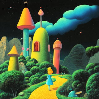 Neon Umbrawave style, Midjourney V6.1: retro fairy-tale illustration