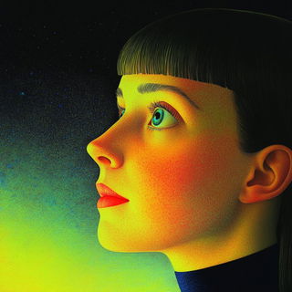 Neon Umbrawave style, Midjourney V6.1: photographic portrait of female protagonist