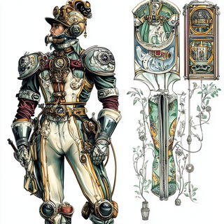 Moonhammer Inkworks style, Midjourney V6.1: concept art character design of retropunk steam knight