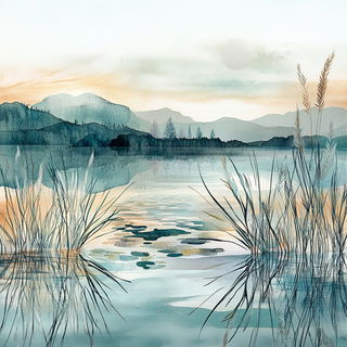 Chromatic Marginalia style, Midjourney V6.1: realistic landscape photograph of quiet dawn