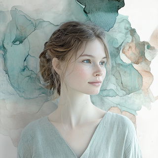 Chromatic Marginalia style, Midjourney V6.1: photographic portrait of female protagonist