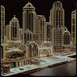 Peacock Satin Stitch style, Midjourney V6.1: megacity with futuristic bioarchitecture