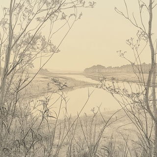Floramachina Mosaicism style, Midjourney V6.1: realistic landscape photograph of quiet dawn