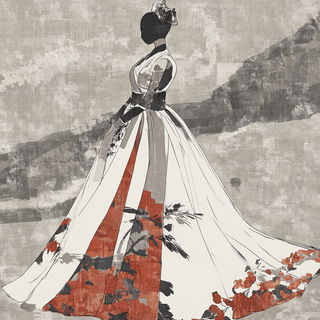 Alpine Ink Ornithology style, Midjourney V6.1: haute-couture fashion outfit