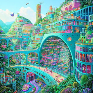 Tessellacrylic style, Midjourney V6.1: megacity with futuristic bioarchitecture