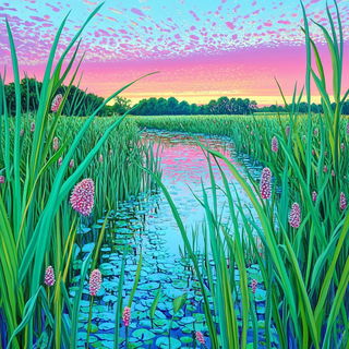 Tessellacrylic style, Midjourney V6.1: realistic landscape photograph of quiet dawn