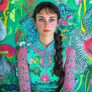 Tessellacrylic style, Midjourney V6.1: photographic portrait of female protagonist