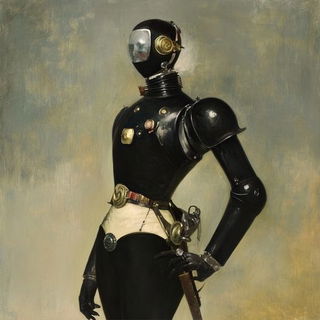 Alpine Glyphwing style, Midjourney V6.1: concept art character design of retropunk steam knight