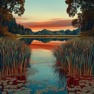 Apatite Lake Engines style, Midjourney V6.1: realistic landscape photograph of quiet dawn