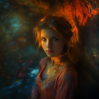 Wavefold Chintz style, Midjourney V6.1: photographic portrait of female protagonist