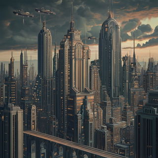 Hatching Under the Eaves style, Midjourney V6.1: megacity with futuristic bioarchitecture