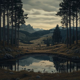 Hatching Under the Eaves style, Midjourney V6.1: realistic landscape photograph of quiet dawn